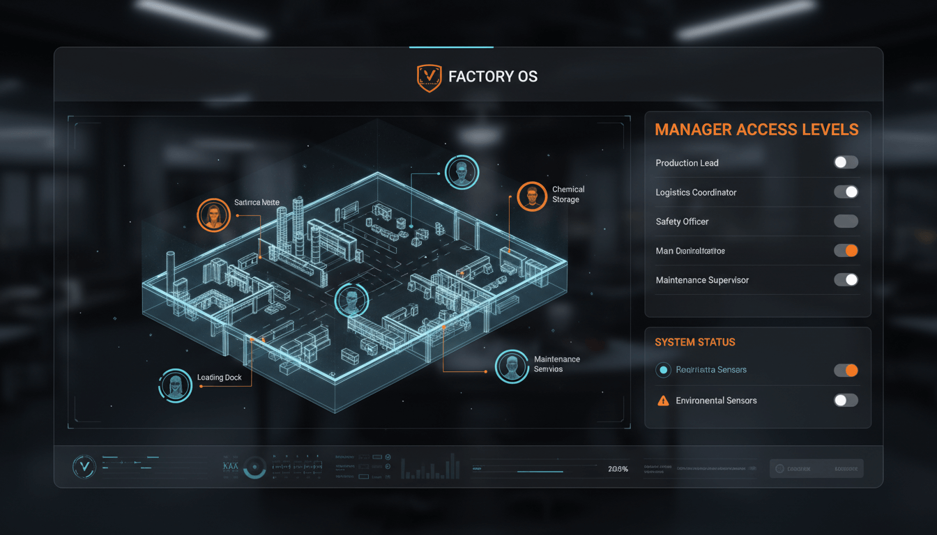 Dashboard view of user permissions and building assignments in a dark mode UI