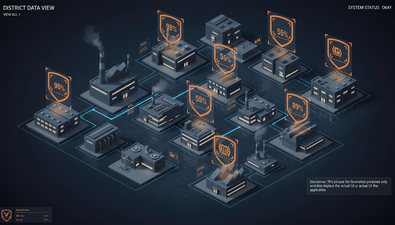 A stylized 3D isometric map of a large multi-building industrial complex